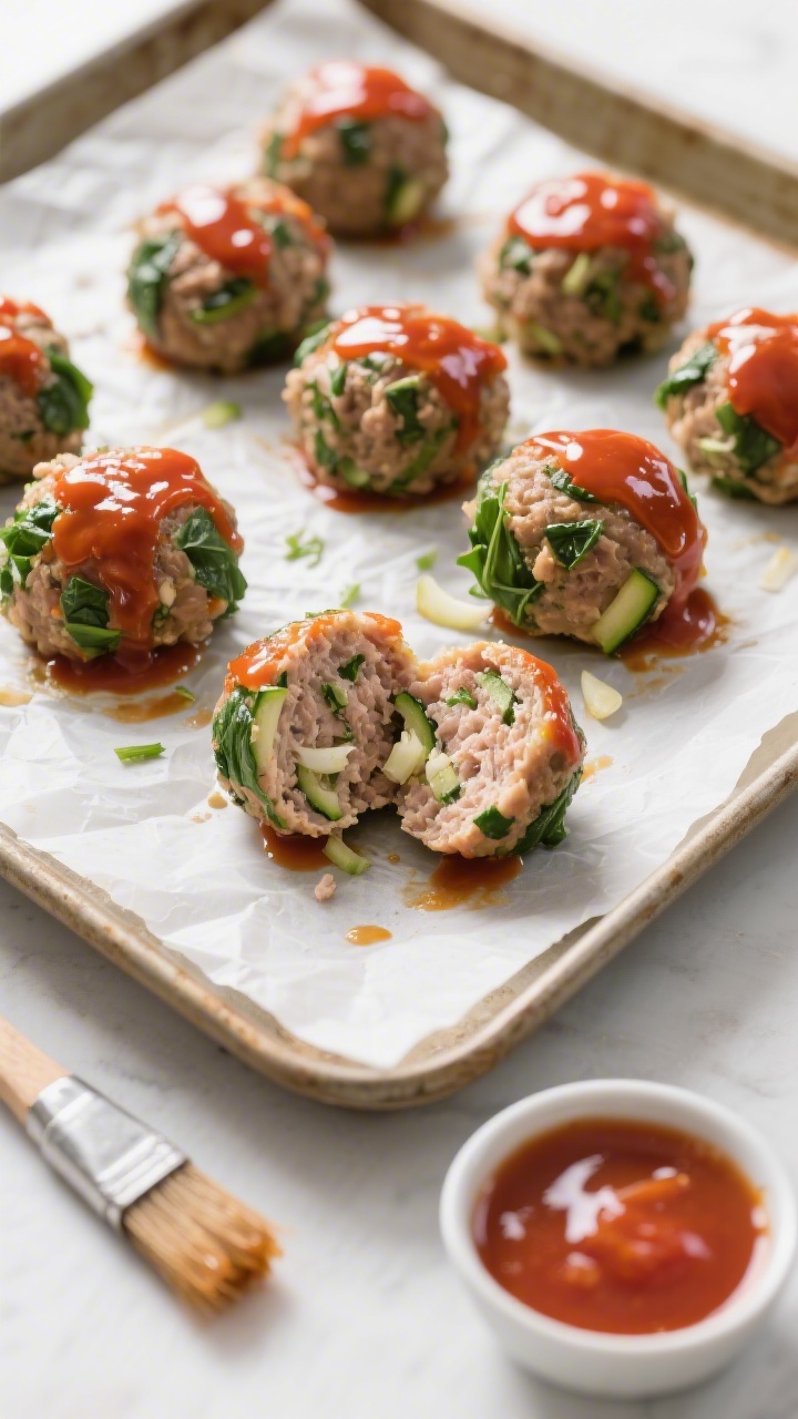 Overhead parchment-lined baking sheet with hidden-green turkey meatballs just glazed, glossy sweet tomato glaze clinging to the tops; cross-section of one meatball showing juicy ground turkey studded with baby spinach, grated zucchini, onion, and a hint of garlic; small bowl of extra glaze and a brush nearby, minimal props, crisp studio lighting emphasizing the sheen.