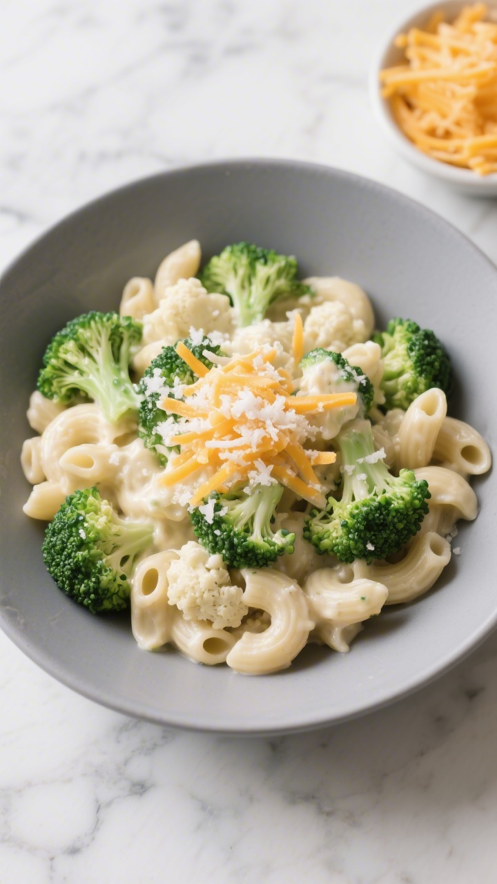 Overhead plated bowl of creamy broccoli mac with hidden cauliflower sauce: small elbows coated in silky pale cream sauce made from blended cauliflower and milk, topped with a light snowfall of shredded cheddar; tiny, steam-softened broccoli florets folded in, bright green against the creamy pasta; served in a matte gray bowl on a marble surface with a small side dish of extra shredded cheese; comforting, ultra-creamy look, no utensils in hand.