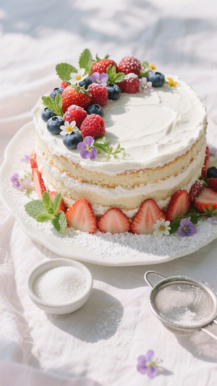 Overhead plated presentation of a Fruit-Fairy Garden Naked Cake: delicate white cake layers made with cake flour and egg whites, minimal “naked” buttercream revealing layers, topped with a fairy-garden arrangement of fresh berries (strawberries, raspberries, blueberries), thin-sliced strawberries up the sides, mint leaves and tiny edible flowers scattered; powdered sugar lightly dusted, a small bowl of granulated sugar and a sieve nearby; airy, pastel mood on a pale linen with natural daylight and soft shadows.