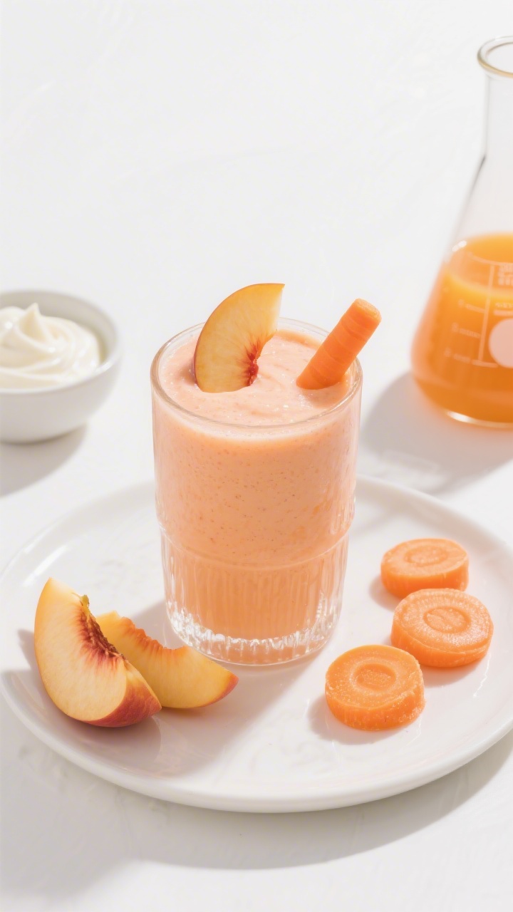 Overhead plated presentation of a Peachy Carrot Creamsicle Smoothie in a frosted glass, soft peach-orange color, ultra-creamy surface; garnished with a thin peach slice on the rim and a tiny carrot ribbon; surrounding flat lay: frozen peach slices, a few glossy “carrot coins,” a small bowl of vanilla yogurt, and a beaker of orange juice; bright, sunny styling evoking creamsicle nostalgia, crisp white backdrop, no people.