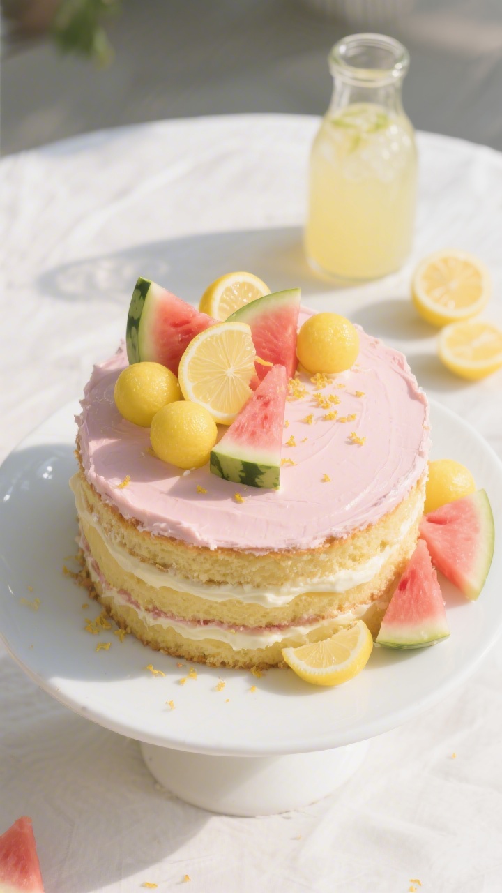 Overhead plated presentation of a watermelon lemonade naked cake: minimal-frosting layers showing tender sponge interleaved with thin swipes of lemony cream, topped and tucked with fresh watermelon wedges/balls and lemon slices, a light dusting of zest; pale pink and sunny yellow palette, semi-exposed sides for the naked look, glossy fresh fruit sheen; styled with a carafe of watermelon lemonade and scattered lemon wedges; airy summer mood, bright natural light, white ceramic cake stand.