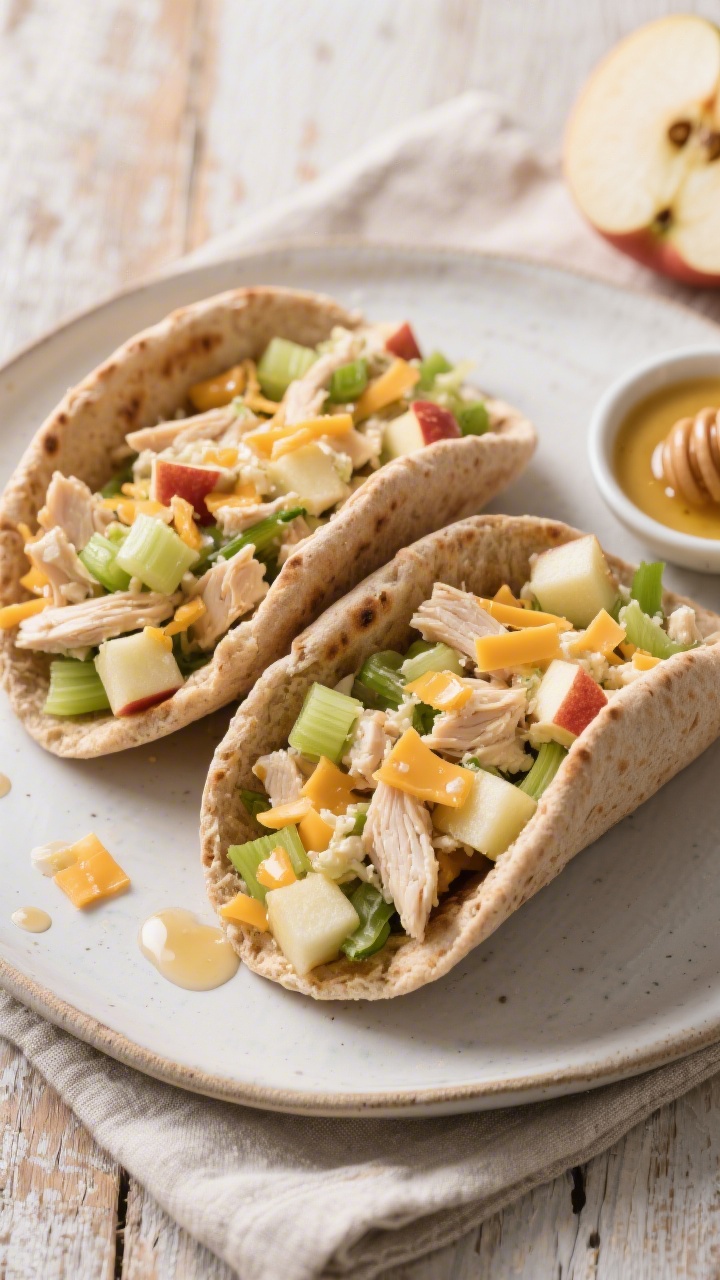 Overhead plated presentation of apple-cheddar chicken salad pitas: halved whole-wheat pitas stuffed with finely chopped cooked chicken, small diced apple (Honeycrisp/Gala), shredded mild cheddar, and finely chopped celery, tossed in a light honey-Dijon dressing for crunch. The cut sides face up to showcase texture—juicy apple cubes, cheddar flecks, and celery. Garnished with a drizzle of honey and a small dish of Dijon on the side; neutral linen and rustic board backdrop.