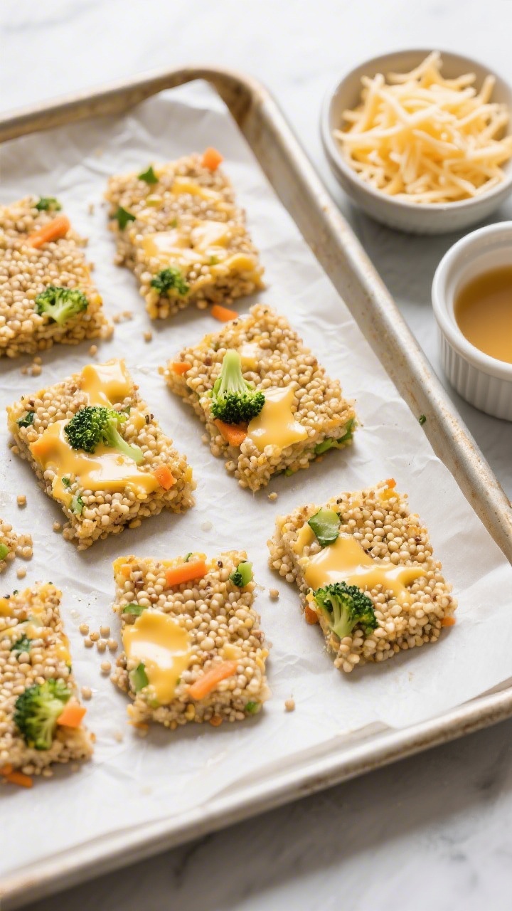 Overhead plated presentation of cheesy quinoa snack squares: neatly cut golden squares on a parchment-lined baking sheet, visible quinoa pearls bound with egg and milk, flecks of finely chopped steamed broccoli and grated carrot throughout, lightly browned edges; a small bowl of shredded cheese and a ramekin of broth off to the side; crisp studio lighting for sharp detail.