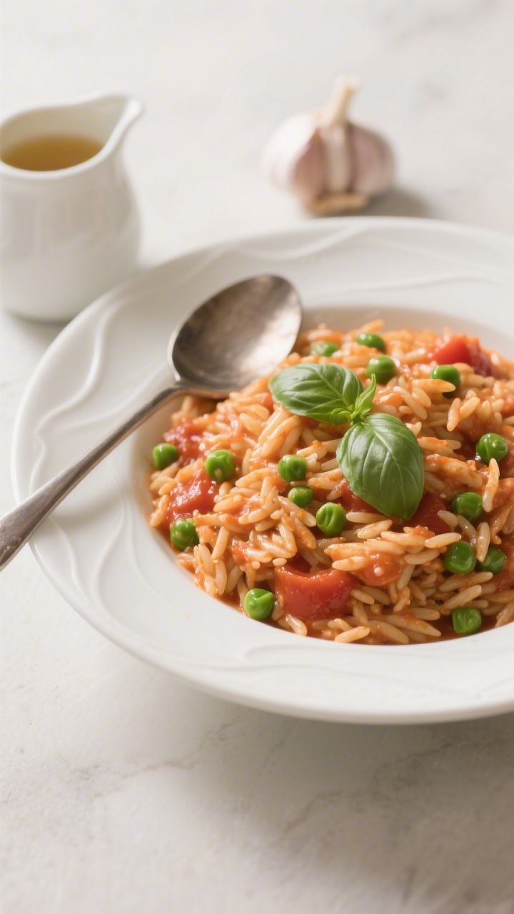 Overhead plated presentation of creamy one-pot tomato basil orzo with peas: glossy orzo coated in smooth tomato sauce enriched with broth and olive oil/butter, dotted with sweet green peas, finished with torn fresh basil; served in a shallow white bowl with a gentle swirl, a spoon resting beside; a small pitcher of low-sodium broth and a clove of garlic in the background hinting at the simple ingredients; soft, warm light emphasizing the creamy texture.