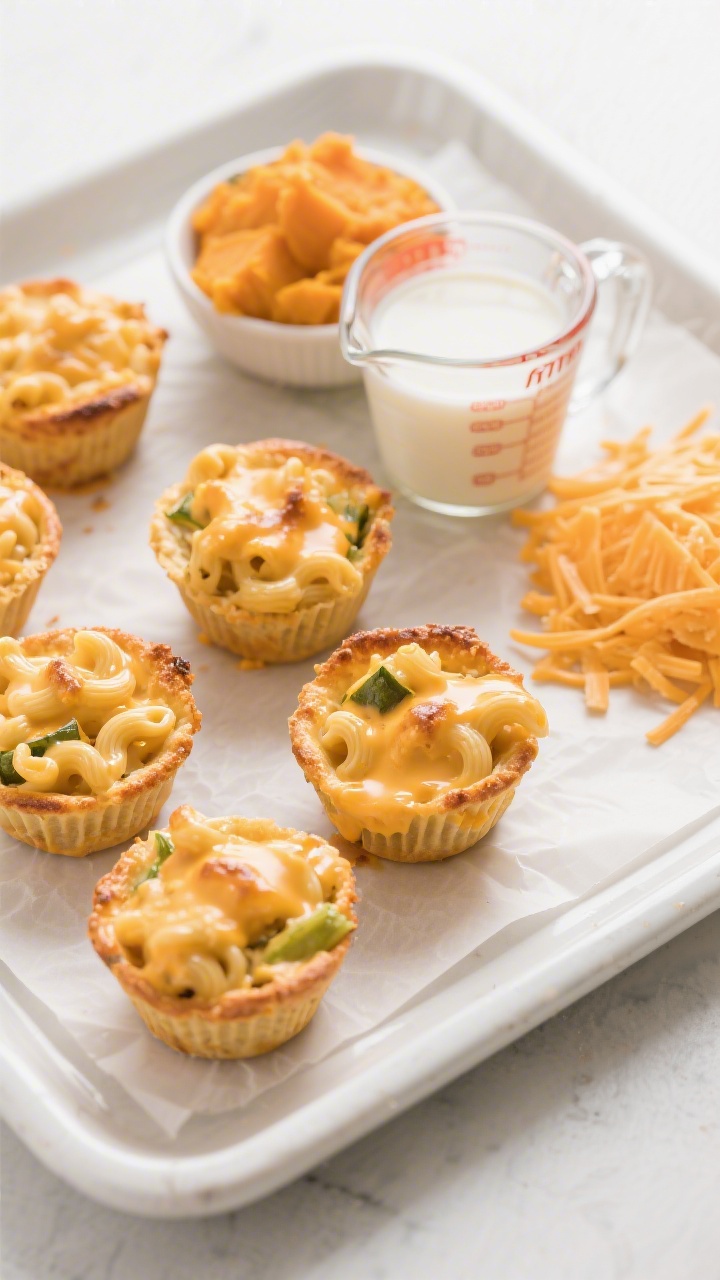 Overhead plated presentation of hidden veggie mac & cheese cups baked in a muffin tin, creamy butternut squash–infused cheese sauce clinging to tiny elbows, tops lightly toasted; a small bowl of mashed butternut squash, a measuring cup of milk, and a pile of shredded mild cheddar off to the side; served on a white tray with parchment squares for a portable, cozy feel; bright, kid-friendly color palette of golden orange.