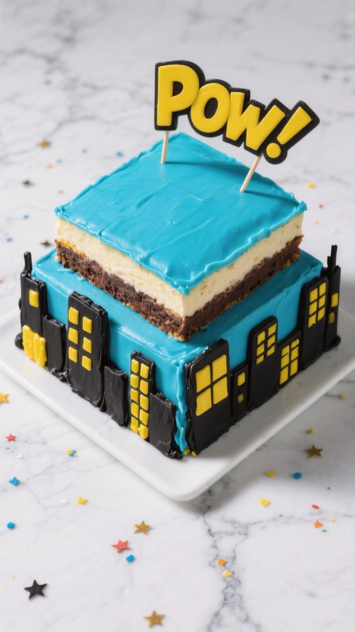 Overhead plated scene of a Superhero City Skyline Cake: two stacked 8-inch square cakes (vanilla/chocolate/marble) coated in bright blue vanilla buttercream, black chocolate-frosting building silhouettes piped around the sides, yellow gel-colored windows dotted like a nighttime skyline, and comic “Pow!” toppers on skewers; clean graphic styling on a white marble surface with scattered star-shaped sprinkles; high-contrast lighting for bold, comic-book color.