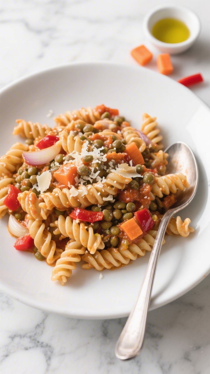 Overhead plated shot of creamy lentil pasta (rotini) coated in hidden veggie marinara, flecked with finely cooked-down onion, carrot, red bell pepper, and garlic; pasta twirls glistening with olive oil sheen and a light dusting of grated Parmesan; served in a wide white pasta bowl on a marble surface with a spoon, a drizzle of olive oil in a tiny dish, and a few raw chopped carrots and red pepper pieces subtly placed to hint at the hidden veg.