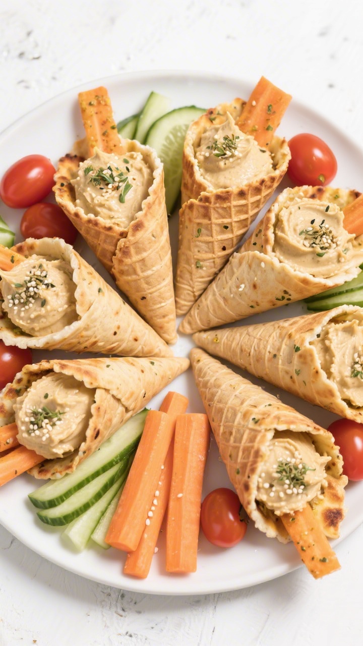 Overhead platter of hummus dippers served in homemade pita “chips” cones: whole-wheat pita wedges baked with olive oil, fine salt, and za’atar (or Italian seasoning) folded into cone shapes, each holding a scoop of creamy hummus; arranged with cucumber slices, carrot sticks, and cherry tomatoes as vibrant dippers; sesame and herb flecks on pita, golden-brown edges; clean white surface, bright, family-friendly styling.