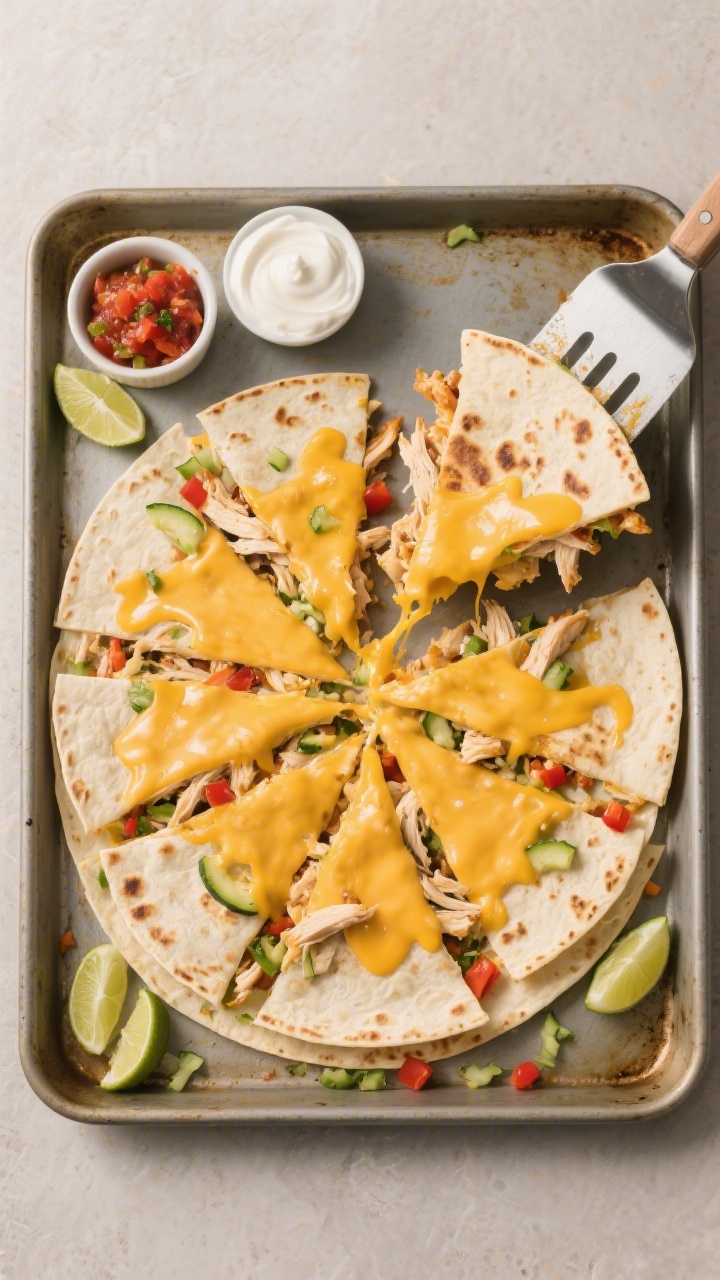 Overhead sheet-pan action shot: a large rimmed baking sheet lined with 8 overlapping flour tortillas forming one giant quesadilla, stuffed with shredded rotisserie chicken, a generous layer of melted Mexican blend cheese oozing at the edges, finely grated zucchini flecks and small diced red bell pepper visible in the melty seams. A metal spatula lifts a corner to reveal golden, blistered tortilla surfaces; scattered lime wedges, a ramekin of salsa, and a small bowl of sour cream on a neutral matte surface. Warm, family-friendly mood, crisp lighting, high detail on cheese pull and veggie textures.