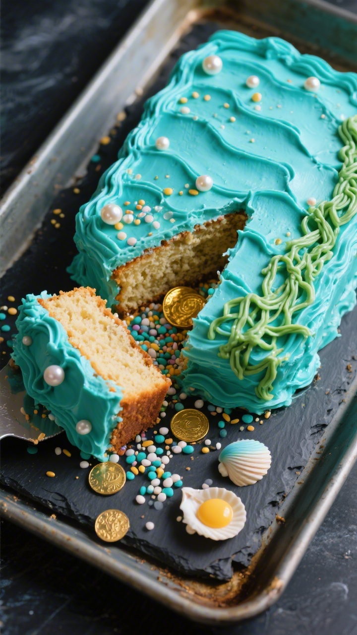 Overhead sheet-pan scene of a Mermaid Lagoon Cake being sliced to reveal hidden “treasure” sprinkles: moist vanilla-buttermilk crumb (all-purpose flour, baking powder, baking soda, salt, sugar, neutral oil, eggs, vanilla, buttermilk) frosted in oceanic teal and aqua buttercream with wave-like textures, edible pearls and gold coin sprinkles spilling from a cut section; seaweed-like piping details, a few candy shells, styled on a dark slate to enhance lagoon vibes, vibrant and playful, tack-sharp details.