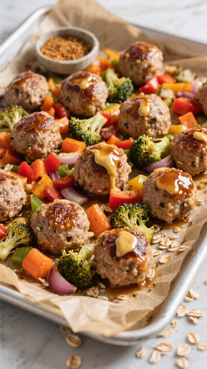 Overhead sheet-pan scene of maple Dijon turkey meatballs roasted alongside “veggie confetti” (colorful diced peppers, carrots, broccoli florets), meatballs glazed mid-bake with a shiny mixture of Dijon mustard and maple syrup; visible oat flecks from quick oats/breadcrumbs in the meatballs, and seasoning notes of onion and garlic powder in a small pinch dish; caramelized edges on vegetables, rustic parchment, vibrant colors, crisp detail.
