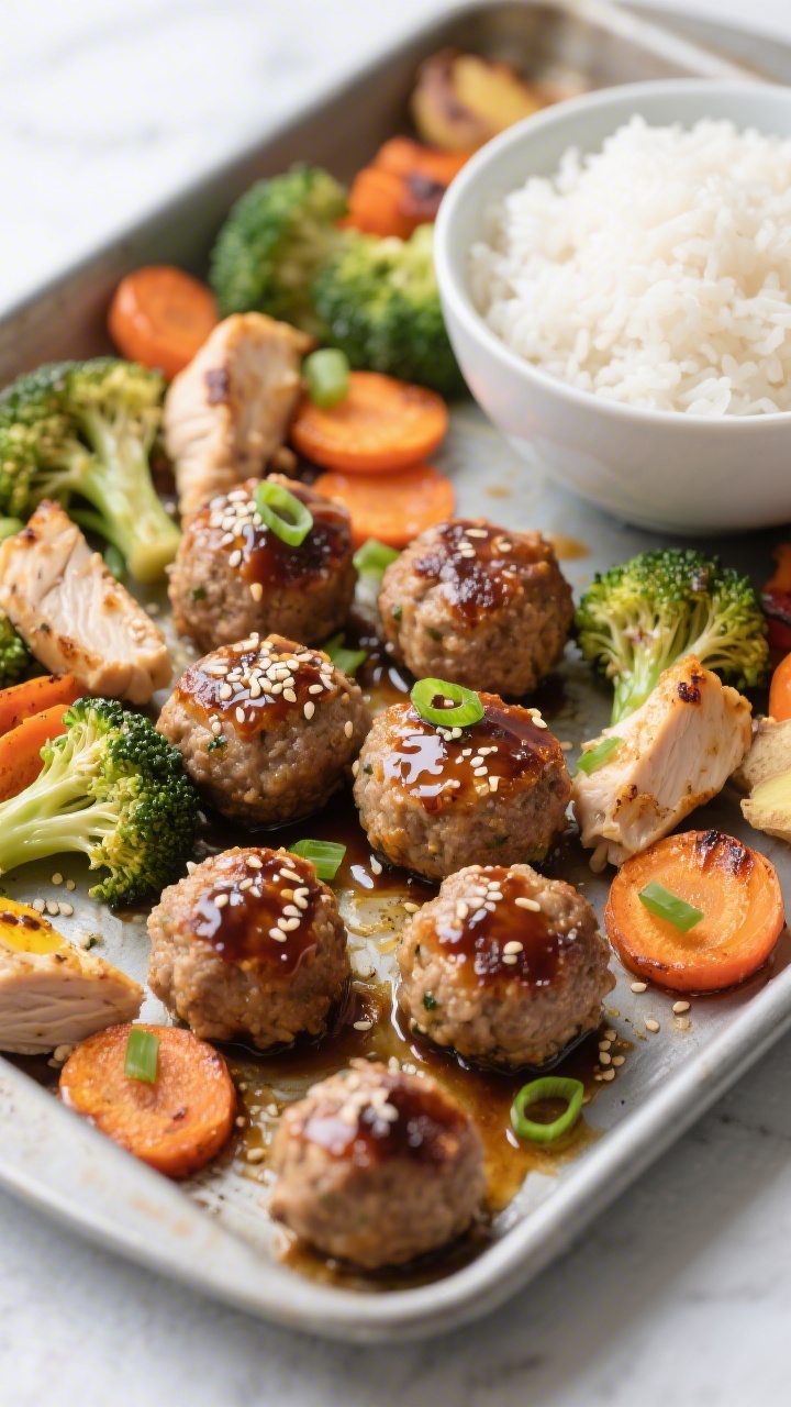 Overhead sheet pan scene of no-sauce teriyaki-style chicken/turkey meatballs roasted alongside colorful veggies and a bowl of sticky white rice. Meatballs made with ground poultry, panko, egg, low-sodium soy sauce or tamari, fresh grated ginger, and a hint of sesame oil, brushed to a glossy finish with soy-ginger pan juices. Garnished with sesame seeds and thin scallions. Veggies (e.g., broccoli florets and carrot coins) roasted to tender-crisp around the meatballs; a separate bowl of sticky rice with a light sheen. Clean modern styling, high contrast, appetizing caramelized edges.