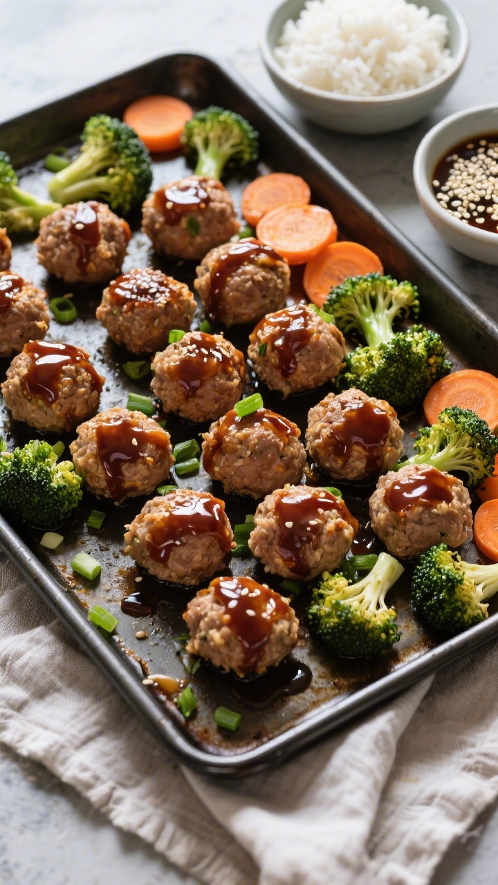 Overhead sheet-pan scene of teriyaki turkey meatballs fresh from the oven: glossy, lacquered meatballs made with ground turkey, panko, egg, green onions, ginger, and garlic powder, brushed with teriyaki glaze. On the same pan, neat rows of roasted broccoli florets and carrot coins for building bowls. Off to the side: small bowls of fluffy white rice and extra teriyaki sauce, plus sesame seeds for sprinkling. High-contrast, crisp styling, dark metal sheet pan on a linen for texture, no hands.