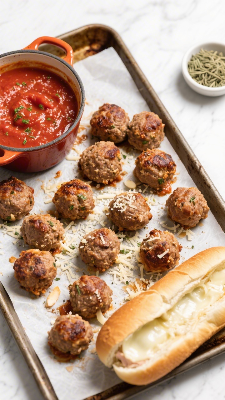 Overhead sheet-pan scene of turkey meatballs fresh from the oven, ready for subs: browned 93% lean turkey meatballs made with breadcrumbs, grated Parmesan, egg, milk, Italian seasoning, garlic and onion powders, and salt/pepper, nestled on parchment with a pot of “sneaky” marinara on the side. At the edge, split hoagie rolls await assembly with melted mozzarella, a scattering of extra Parmesan, and a small bowl of dried oregano. Emphasize caramelized edges of meatballs, rich red sauce, and toasty rolls; clean, bright kitchen-light styling.