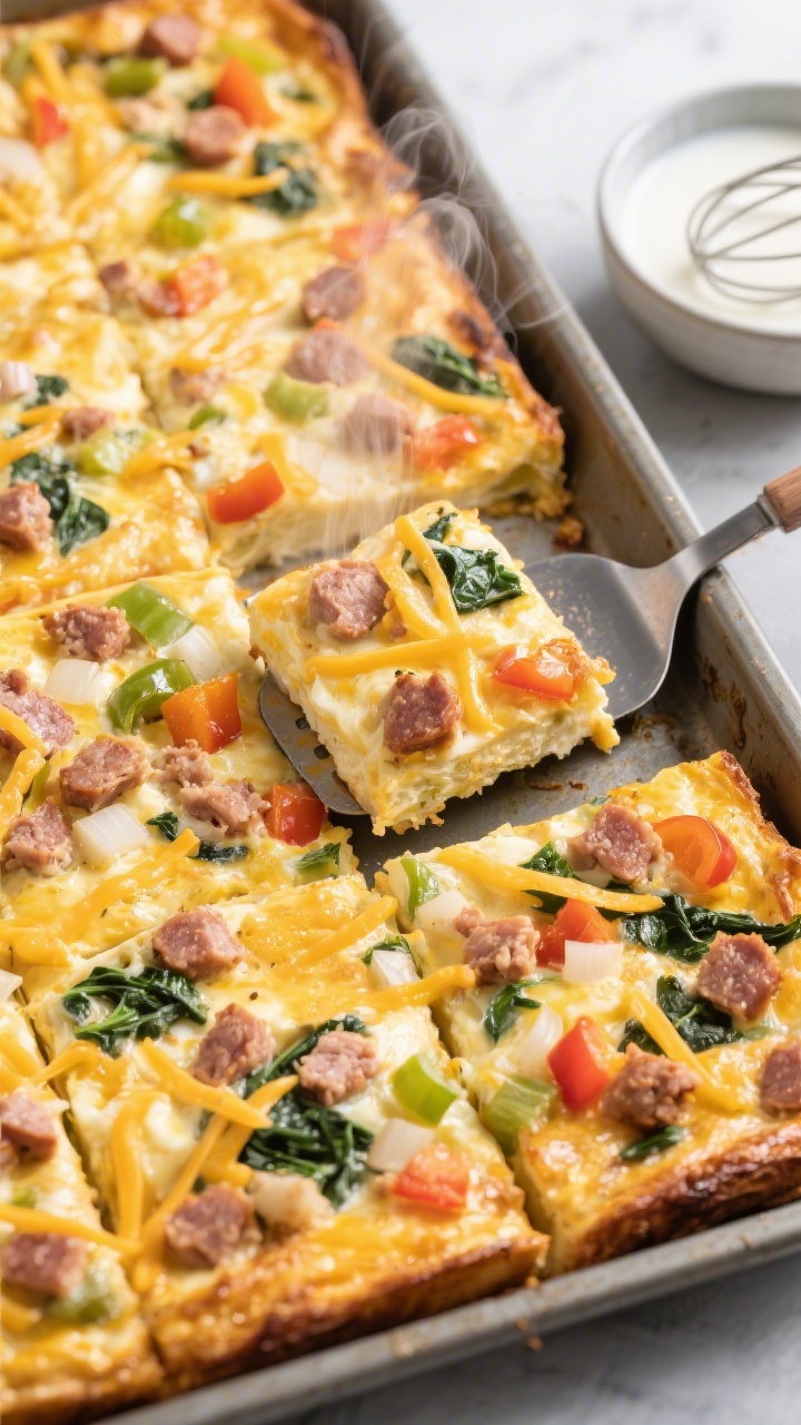 Overhead sheet-pan scene of turkey sausage and veggie egg squares just out of the oven: a golden, cheesy baked egg slab cut into neat squares, visible crumbles of turkey sausage, colorful finely chopped bell peppers, onions, and spinach throughout, stretchy cheddar strands on top; a metal spatula sliding under one square, steam wisps rising; milk and whisked egg bowl off to the side for process context on a matte baking tray.
