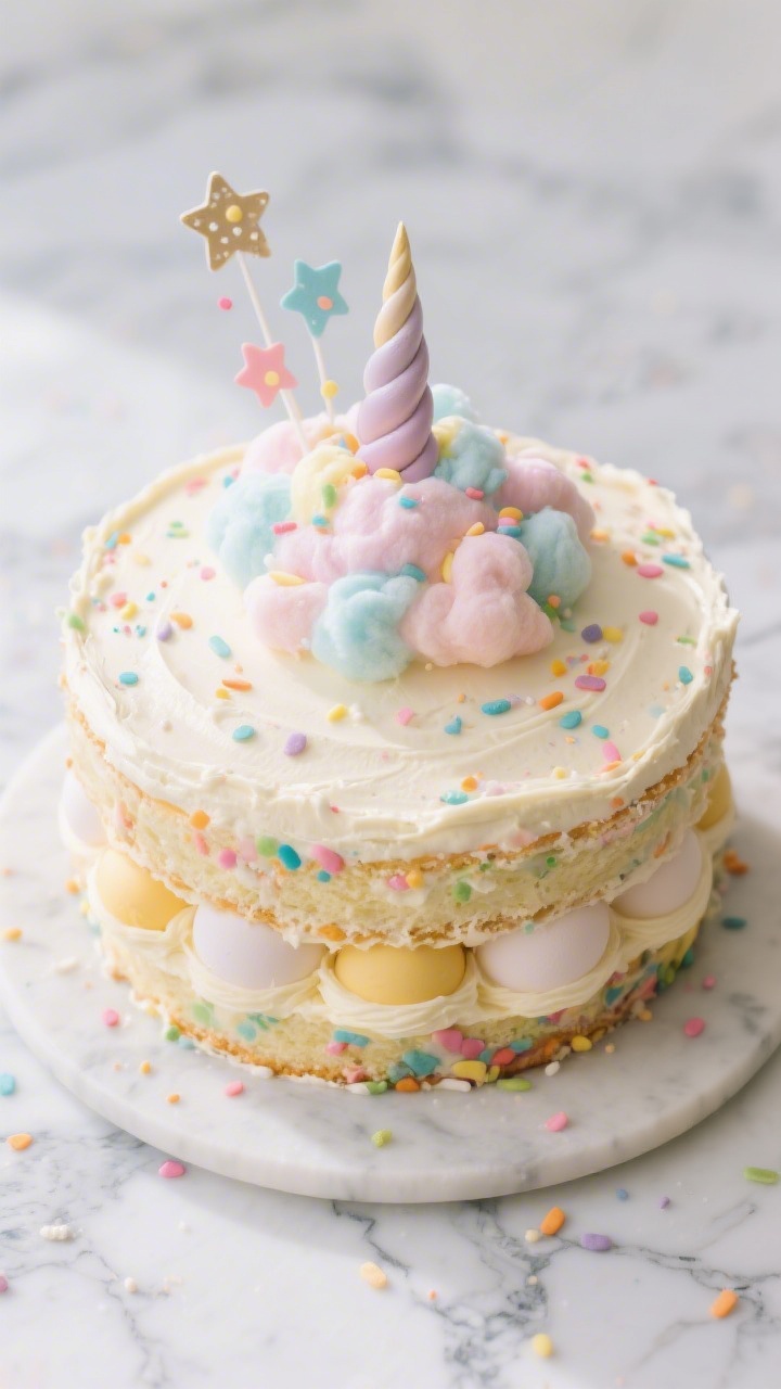 Overhead shot of a Confetti Unicorn Dream Cake in the frosting stage: funfetti-style vanilla layers made from all-purpose flour, baking powder, baking soda, fine salt, creamed unsalted butter and granulated sugar with four eggs and vanilla, coated in smooth pastel buttercream, topped with fluffy cotton candy “clouds,” rainbow confetti sprinkles scattered over the top and around the marble surface; unicorn horn topper and star sprinkles for whimsy; bright, airy kid-birthday mood, crisp natural light, no people.