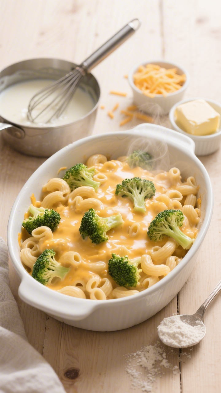 Overhead shot of a cozy, ultra-creamy cheesy broccoli mac in a matte white casserole dish on a light wood table: small elbow pasta coated in glossy cheese sauce, tender small broccoli florets folded throughout, a golden sheen from butter, steam gently rising; a small saucepan with whisk hints at a butter-flour roux and warmed milk nearby; scattered shredded cheese, a pat of butter, and a spoonful of flour styled in small ramekins; soft daylight, clean family-friendly styling, no people.