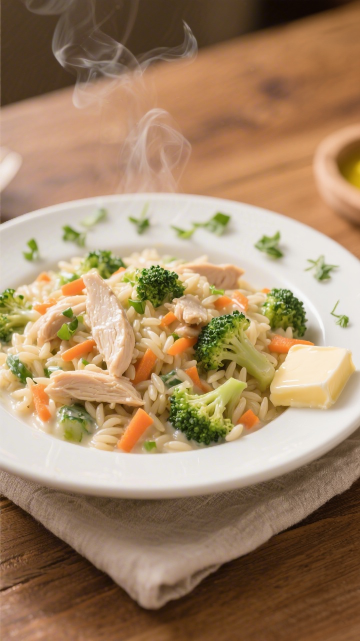 Overhead shot of a creamy chicken veggie orzo in a shallow white bowl: tiny orzo coated in a glossy, light creaminess with flecks of grated carrot and finely chopped broccoli, tender shreds of cooked chicken folded throughout, a light drizzle of olive oil catching the light, steam rising gently. Scatter of extra micro-chopped broccoli and carrot on the rim, a small pat of unsalted butter melting on the side of the bowl, set on a warm wooden table with a neutral linen for a cozy, kid-friendly vibe.