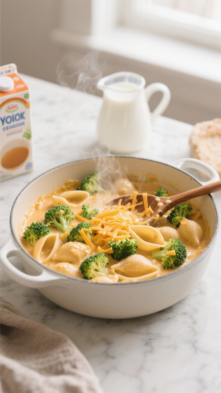 Overhead shot of a creamy one-pot broccoli cheddar shells finale: small pasta shells coated in glossy cheddar cheese sauce with tender finely chopped broccoli florets throughout, a few extra finely grated cheddar shavings melting on top, steam rising from a shallow white enamel pot on a light marble surface; include a wooden spoon streaked with cheese, nearby carton of low-sodium broth and a small pitcher of whole milk subtly in frame for context; warm, kid-friendly mood, soft natural window light, focus on ultra-creamy texture and green flecks.