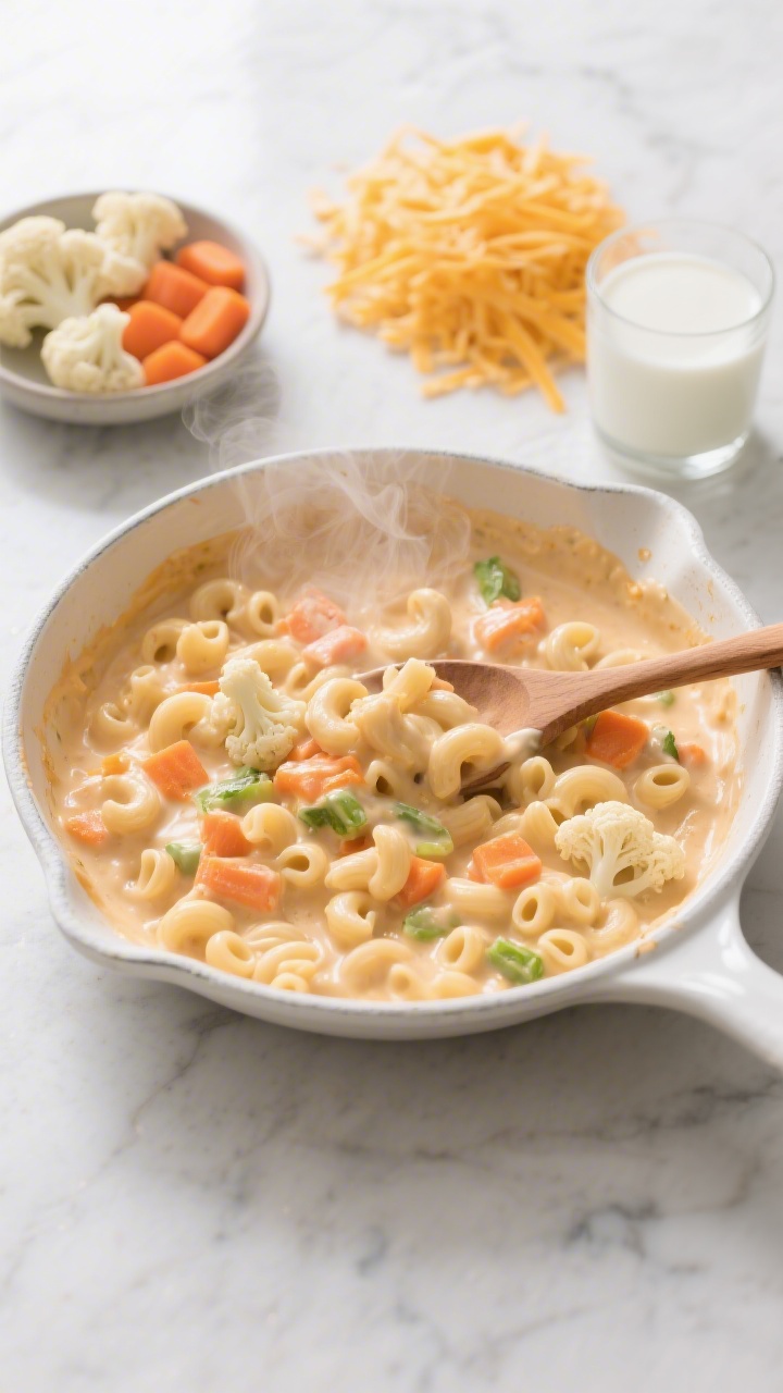 Overhead shot of a creamy veggie mac ‘n’ cheese in a white enamel skillet: small elbow macaroni coated in velvety cheddar-and-cream-cheese sauce blended with cauliflower and carrot puree, pale orange hue with glossy sheen, steam rising. Beside the skillet: a small bowl of steamed cauliflower florets, peeled chopped carrot pieces, a glass of whole milk, and a mound of shredded mild cheddar. Set on a light marble surface with a wooden spoon partially dipped into the sauce, soft natural window light, no people.
