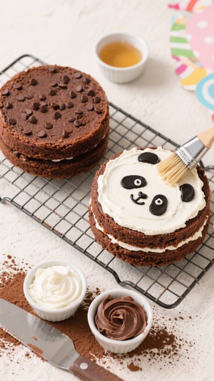 Overhead shot of a Fluffy Panda Party Cake assembly: two 8-inch round chocolate cake layers on a cooling rack with visible chocolate chips in the crumb, a small bowl of simple syrup and a pastry brush mid-swipe moistening the layers, bowls of white and dark chocolate buttercream for panda face details, offset spatula, cocoa-dusted surface; cozy kid-party mood, clean styling, no people.