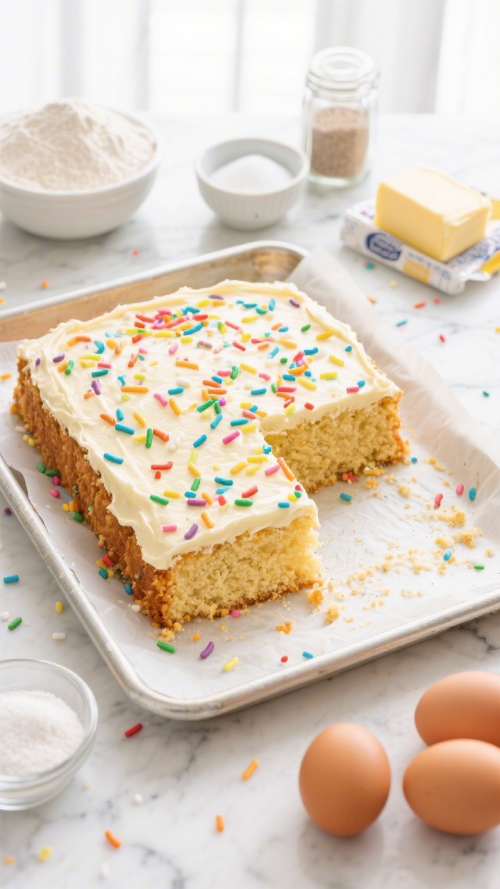 Overhead shot of a freshly baked confetti explosion sheet cake on a parchment-lined sheet pan: golden vanilla crumb speckled with rainbow sprinkles visible in the slice, fluffy butter-sugar crumb texture, a thin layer of vanilla frosting showered with more confetti sprinkles, scattered baking ingredients around the scene—measured all-purpose flour, baking powder, baking soda, fine salt in pinch bowls, granulated sugar in a jar, softened unsalted butter on a wrapper, and three room-temperature eggs; bright, kid-friendly color palette on a white marble surface, soft natural window light, crisp focus on the cake’s tender crumb and sprinkle burst.