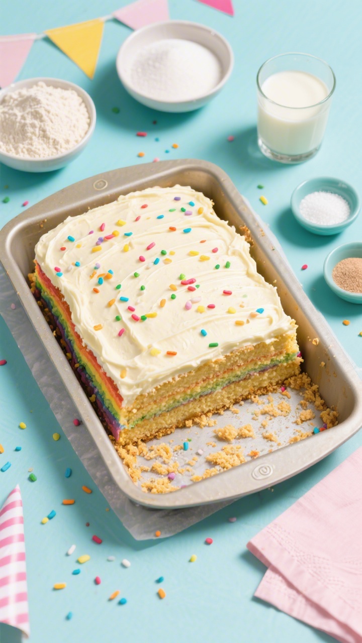 Overhead shot of a rainbow confetti sheet cake in the pan, golden crumb flecked with colorful sprinkles visible in the sliced corner, topped with a thick blanket of vanilla buttercream and extra rainbow sprinkles scattered on top and around the pan; include small bowls of ingredients nearby—measured all-purpose flour, granulated sugar, baking powder and soda, fine salt, and a glass of room-temp buttermilk—styled on a bright birthday-themed surface with pastel napkins, no people.