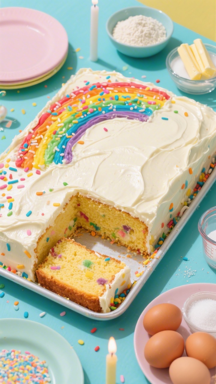 Overhead shot of a rainbow confetti sheet cake just frosted in a glossy vanilla buttercream, sliced to reveal funfetti-style sprinkles baked through a tender yellow crumb; rainbow jimmies scattered over the top and around the pan, with measured ingredients nearby: 2 1/2 cups all-purpose flour in a bowl, sticks of room-temperature unsalted butter, granulated sugar, four large eggs, baking powder, baking soda, and a pinch of fine salt; styled on a bright party-themed backdrop with pastel plates and candles for instant party vibes, professional studio lighting, crisp focus, vibrant colors.
