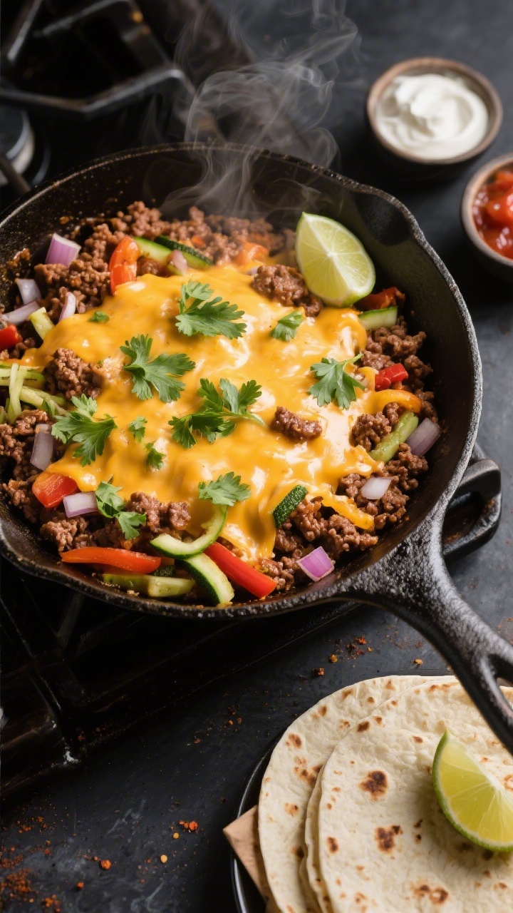 Overhead shot of a sizzling cheesy taco skillet on the stovetop: browned lean ground beef with visible taco seasoning, finely chopped onion and bell pepper, grated zucchini strands peeking through, melted cheddar-jack cheese bubbling on top, garnished with chopped cilantro. Warm flour tortillas and lime wedges on the side, small bowls of salsa and sour cream nearby, cast-iron skillet on a dark matte surface with a light steam haze for appetizing warmth.