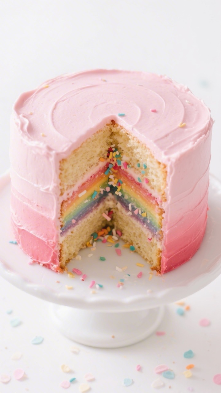 Overhead shot of a sliced Dreamhouse pink ombré layer cake revealing a center confetti sprinkle surprise, frosted in silky pale-to-hot pink buttercream with a glossy finish; visible tender crumb from all-purpose flour, rich sheen from unsalted butter, and fine sea salt-balanced sweetness; sprinkle spill on a white cake stand with stray pastel confetti around; soft, bright studio lighting, high-key background, crisp detail on ombré layers and rainbow confetti interior.