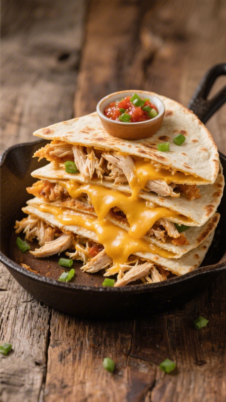 Overhead shot of a stacked cheesy chicken quesadilla, golden and crisp with visible layers of shredded rotisserie chicken, melted cheddar/Mexican blend cheese, and a swipe of mild salsa between four large flour tortillas (8–10 inches). Cut into neat wedges, cheese pulling slightly at the cuts, served on a warm cast-iron skillet with a small ramekin of extra mild salsa and a sprinkle of chopped green onions for color. Warm, kid-friendly vibe, soft directional light, rustic wood surface, no people.