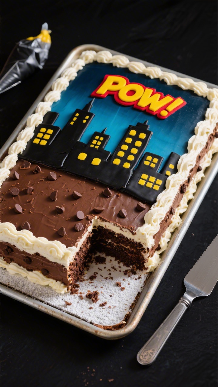 Overhead shot of a Superhero City Skyline sheet cake on a rimmed baking sheet: a rich chocolate sheet cake made from box mix studded with mini chocolate chips for extra fudginess, frosted with fluffy buttercream made from unsalted butter, powdered sugar sheen visible. The top is decorated like a nighttime city skyline—black fondant or cocoa-dusted building silhouettes with yellow buttercream window dots, a bold comic-style “POW!” plaque in primary colors, and a deep navy gradient sky. Clean edges, high-contrast colors, crumbs at the cut corner reveal moist chocolate crumb; styled on a matte black surface with a metal offset spatula and a piping bag nearby, 45-degree angle for depth, studio lighting for a glossy, appetizing finish.