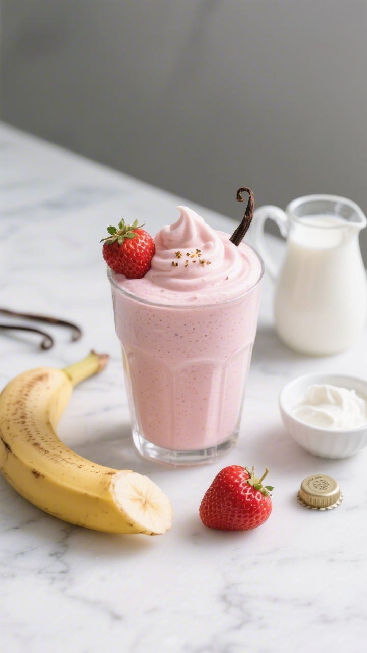 Overhead shot of a thick, fluffy Strawberry Banana Cloud Smoothie poured into a clear toddler-friendly glass, pale pink in color, topped with a soft swirl and a tiny sprinkle of vanilla bean specks; styled on a white marble surface with frozen strawberries, a ripe banana (peeled), a small bowl of plain Greek yogurt, a splash of milk in a mini pitcher, and a bottle-cap of vanilla extract arranged neatly; soft morning light, minimal props, creamy texture emphasized, no people.