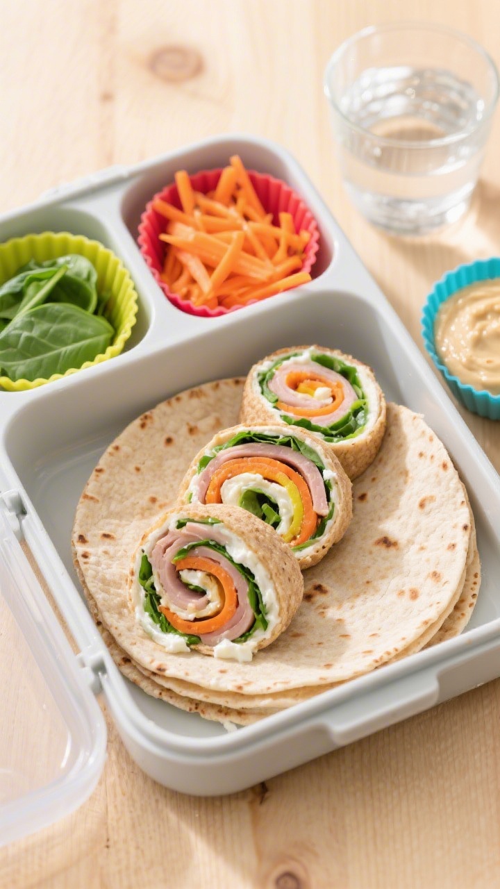 Overhead shot of a toddler-friendly bento box featuring rainbow turkey pinwheels: whole-wheat tortillas spread with cream cheese (or hummus), layered with sliced turkey, finely shredded carrots, and chopped baby spinach, rolled tightly and sliced into neat spirals. Include colorful silicone cups with extra baby spinach and carrot shreds, a small container of dip, and a water cup nearby. Bright, natural light on a pale wood surface, clean, cheerful styling emphasizing the green, orange, and neutral tones; crisp textures of tortillas and veggies clearly visible.