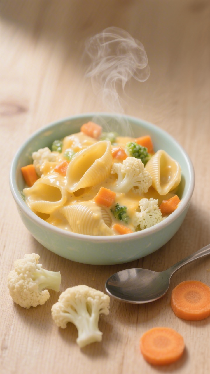 Overhead shot of a toddler-friendly bowl of cheesy veggie pasta shells: small pasta shells coated in a glossy cheddar-and-cream-cheese sauce made with milk and butter, with tender cauliflower florets and tiny orange carrot bits visible throughout. Styled in a pastel ceramic bowl on a light wood surface, a small spoon beside it, a few raw cauliflower florets and peeled carrot coins scattered for context. Warm, soft light, steam gently rising, ultra-appetizing, creamy texture emphasized.