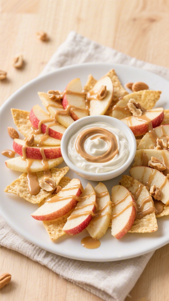 Overhead shot of apple nachos drizzled with peanut butter yogurt dip: thinly sliced crisp apples fanned on a matte white platter, with a small bowl of creamy dip made from plain Greek yogurt, natural peanut butter, honey, and a hint of vanilla; glossy swirls showing the dip’s thick texture, light honey drizzle on the apples, a few peanut fragments for texture, styled on a light wood surface with a linen napkin; bright, kid-friendly, clean lighting, no people.