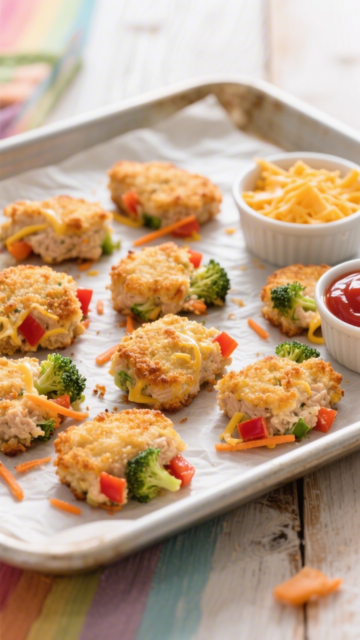 Overhead shot of baked rainbow chicken veggie nuggets on a parchment-lined sheet pan, golden and crispy edges, with visible flecks of finely grated carrots, chopped broccoli, and diced red bell pepper inside each nugget; a small bowl of mild cheddar sprinkled nearby and a ramekin of ketchup for dipping, styled on a light wooden surface with a kid-friendly, colorful vibe; high contrast, natural window light, shallow depth of field to emphasize texture of ground chicken and melty cheese threads.