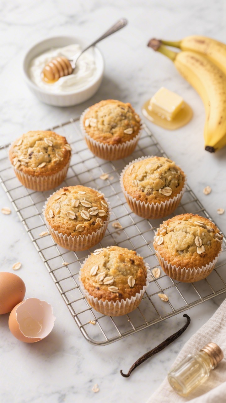 Overhead shot of Banana Oat Greek Yogurt Muffins on a cooling rack, golden and domed, with visible oat flecks and a tender crumb; a small bowl of mashed very ripe bananas, a spoonful of plain Greek yogurt, a drizzle of honey, a pat of melted butter, two cracked eggs, and a vanilla vial styled around; warm breakfast mood on a light marble surface, soft morning light, minimal props, focus on cake-like softness.