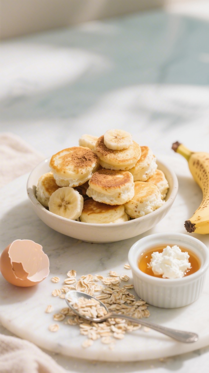 Overhead shot of bite-size cottage cheese pancake bites piled in a small toddler-friendly bowl, golden and fluffy with visible oat flecks, tiny banana slices and a dusting of cinnamon on top; a small ramekin of warm maple syrup on the side, ingredients subtly styled around: a spoonful of full-fat cottage cheese, rolled oats, a cracked egg shell, half a ripe banana, and a tiny bottle of vanilla extract; bright morning light, soft pastel backdrop, shallow depth for appetizing texture.