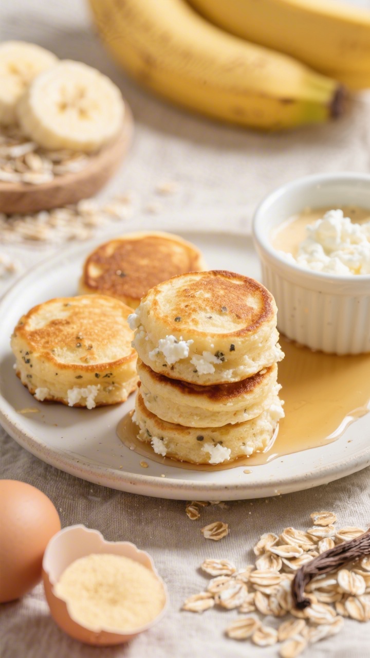 Overhead shot of bite-sized fluffy cottage cheese banana pancake bites stacked on a small toddler plate, golden and puffed with visible oat flecks, a drizzle of maple syrup pooling beside, with a small ramekin showing the blended batter ingredients nearby: cottage cheese curds, mashed ripe banana, rolled oats, cracked eggs, vanilla, and a pinch of baking powder; warm morning light, neutral linen, soft-focus banana and oats in the background.