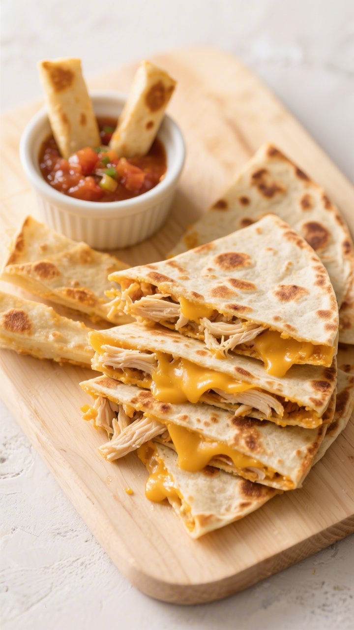 Overhead shot of Cheesy Chicken Quesadilla Dippers: golden-brown flour tortillas crisped in butter, cut into slim dunkable wedges, oozing with shredded chicken and melted cheddar/Mexican blend at the edges, stacked around a small ramekin of salsa on a light wooden board; visible browned cheese bubbles, toasted tortilla blistering, a brushed sheen of oil; clean kid-friendly styling with bright, warm lighting and minimal props, no people.