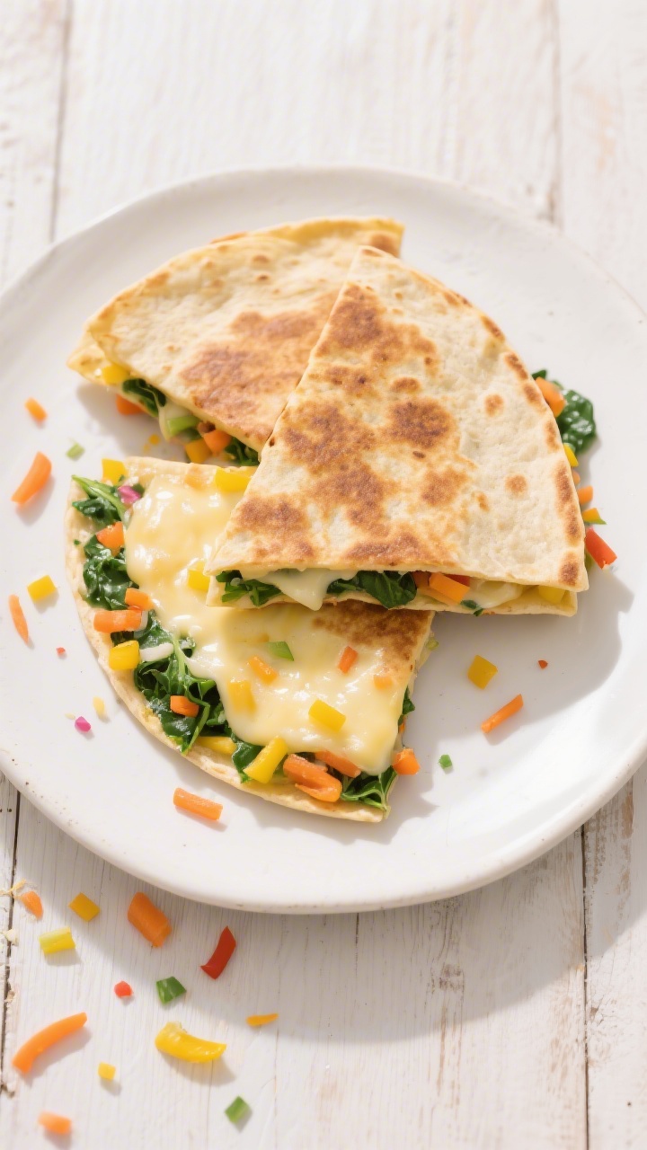 Overhead shot of cheesy veggie “confetti” quesadillas on a white ceramic plate: golden-brown 6-inch flour tortillas folded in half, oozing mild cheddar/mozzarella with finely chopped baby spinach, very finely grated carrot, and tiny yellow and orange bell pepper bits peeking from the seams. One quesadilla is cut into toddler-friendly triangles, with a few colorful veggie shreds scattered on a light wood surface. Bright, clean lighting, minimal props, focus on melty cheese and colorful confetti veggies.