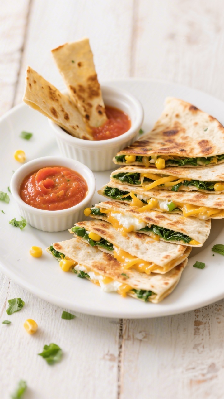 Overhead shot of cheesy veggie quesadilla dippers on a white plate with a small ramekin of mild tomato dip: golden-seared flour tortillas (6–8 inch), gooey shredded mild cheddar and cream cheese melt visible at the cut edges, flecks of very finely chopped spinach folded through, a few kernels of canned corn peeking out; slices cut into slim dippable triangles, arranged on a light wood surface with a sprinkle of extra chopped greens; bright, kid-friendly, clean styling, no people.