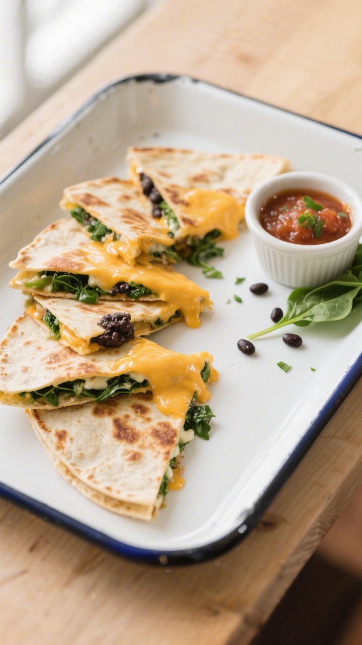 Overhead shot of cheesy veggie quesadilla triangles on a white enamel tray: golden-browned flour tortillas (6–8 inch) cut into small wedges, oozing a blend of mild cheddar/Colby Jack and mozzarella with finely chopped baby spinach and a smear of mashed black beans peeking from the edges; a small ramekin of mild salsa on the side, scattered spinach confetti and a few black bean flecks on a light wood surface, soft natural window light, crisp textures and melty cheese pull emphasized.