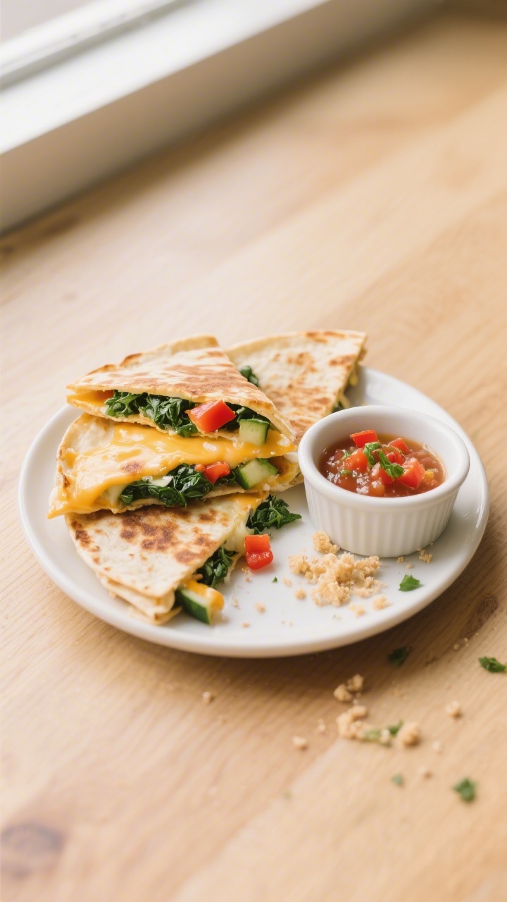 Overhead shot of cheesy veggie quesadilla triangles on a small toddler-sized white plate: golden-browned 6-inch flour tortillas cut into bite-size wedges, oozing mild cheddar/mozzarella with finely chopped spinach/kale and tiny dice of red bell pepper and zucchini peeking from the edges; a small ramekin of mild salsa on the side, crumbs and a few stray spinach flecks on a light wood surface, soft natural window light for a warm, inviting look.