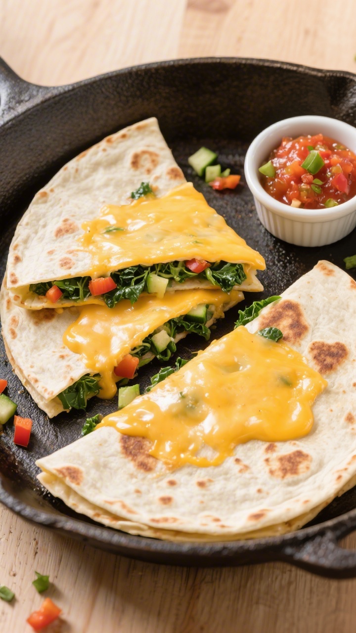 Overhead shot of cheesy veggie quesadilla wedges on a warm cast-iron skillet: two medium 8-inch flour tortillas folded and cut into neat triangles, oozing mild cheddar/Monterey Jack with visible finely chopped spinach or kale and tiny bell pepper or zucchini dice peeking from the edges; a glossy sheen from melted butter, a few extra veggie bits scattered on a light wooden surface, and a small ramekin of mild salsa on the side; bright, kid-friendly colors, crisp browned spots, soft melty cheese, no people.