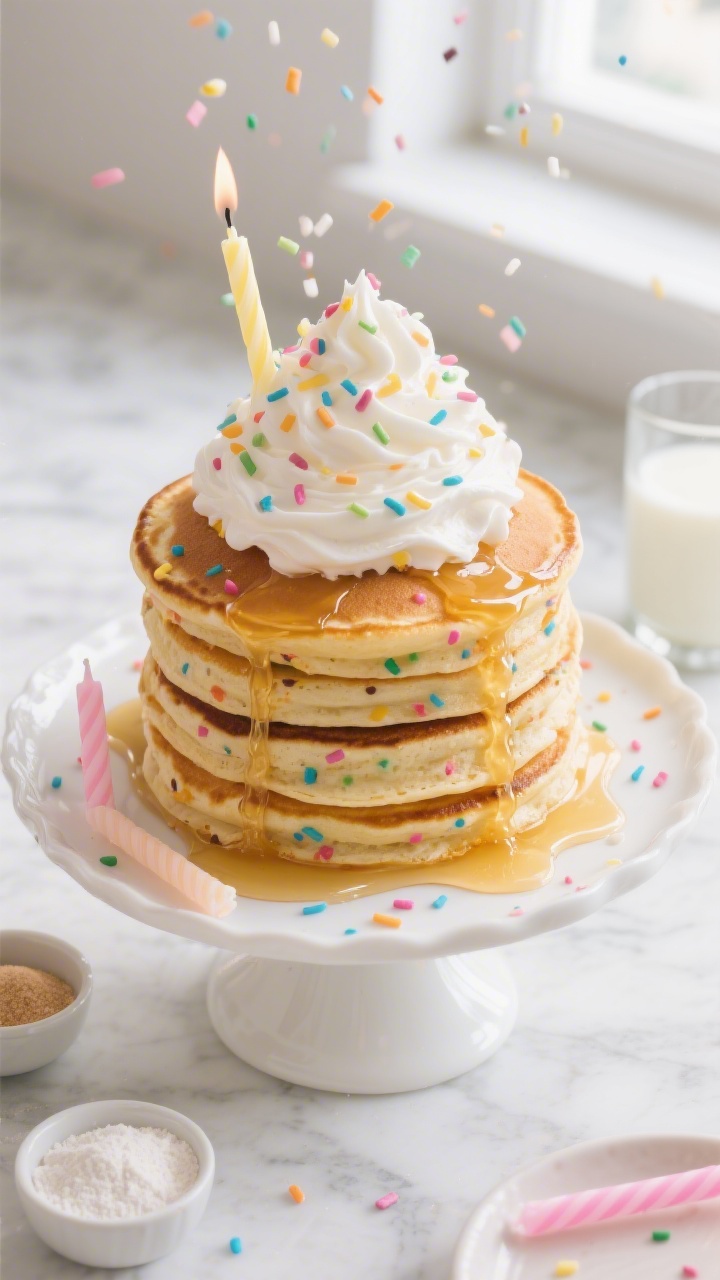 Overhead shot of Confetti Birthday Pancakes stacked high on a white cake stand, fluffy buttermilk pancakes speckled with rainbow sprinkles baked into the batter, topped with a towering “whipped cloud” of softly swirled whipped cream and extra confetti sprinkles raining down; golden edges, glossy syrup pooling at the base, pastel birthday candles laid beside the plate; styling includes small bowls of flour, sugar, baking powder, baking soda, and a glass of buttermilk in the background on a light marble surface; bright, celebratory mood, natural window light.