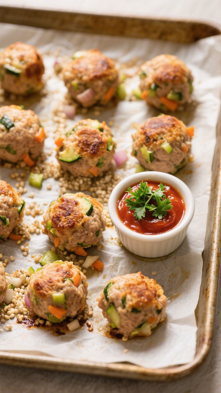 Overhead shot of cozy turkey veggie meatballs fresh from the oven on a parchment-lined sheet pan: golden-browned 93% lean turkey meatballs studded with finely grated zucchini and carrot, tiny flecks of cooked quinoa visible, and minced onion throughout. Small ramekin of mild marinara on the side, a sprinkle of chopped parsley for color, warm neutral lighting, crisp texture detail on the seared sides, no people.