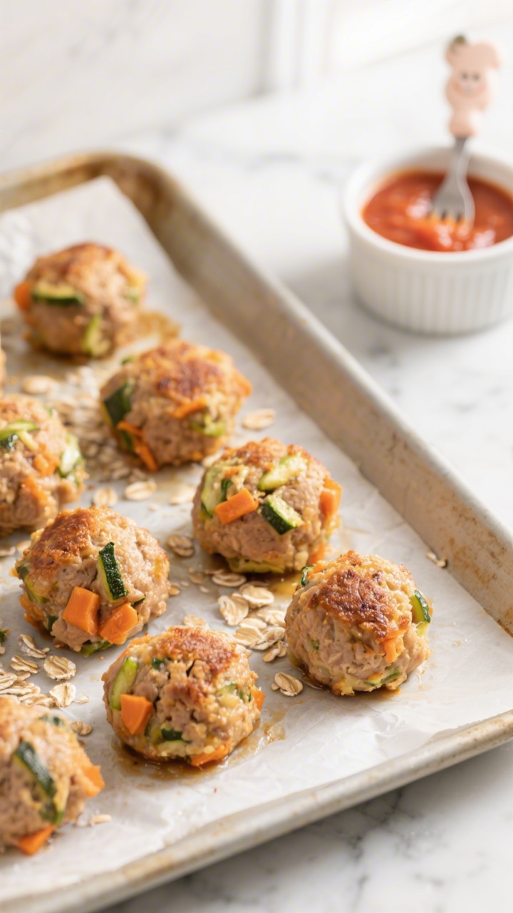 Overhead shot of cozy turkey veggie meatballs just baked on a parchment-lined sheet pan: golden-browned turkey meatballs flecked with very finely grated zucchini and carrot, with hints of mashed sweet potato giving a warm orange hue; quick oats visible on a few cracked surfaces for texture; set on a light marble surface with a small ramekin of mild marinara for dipping and a toddler-sized fork; soft natural window light, shallow shadows, crisp detail, no people.
