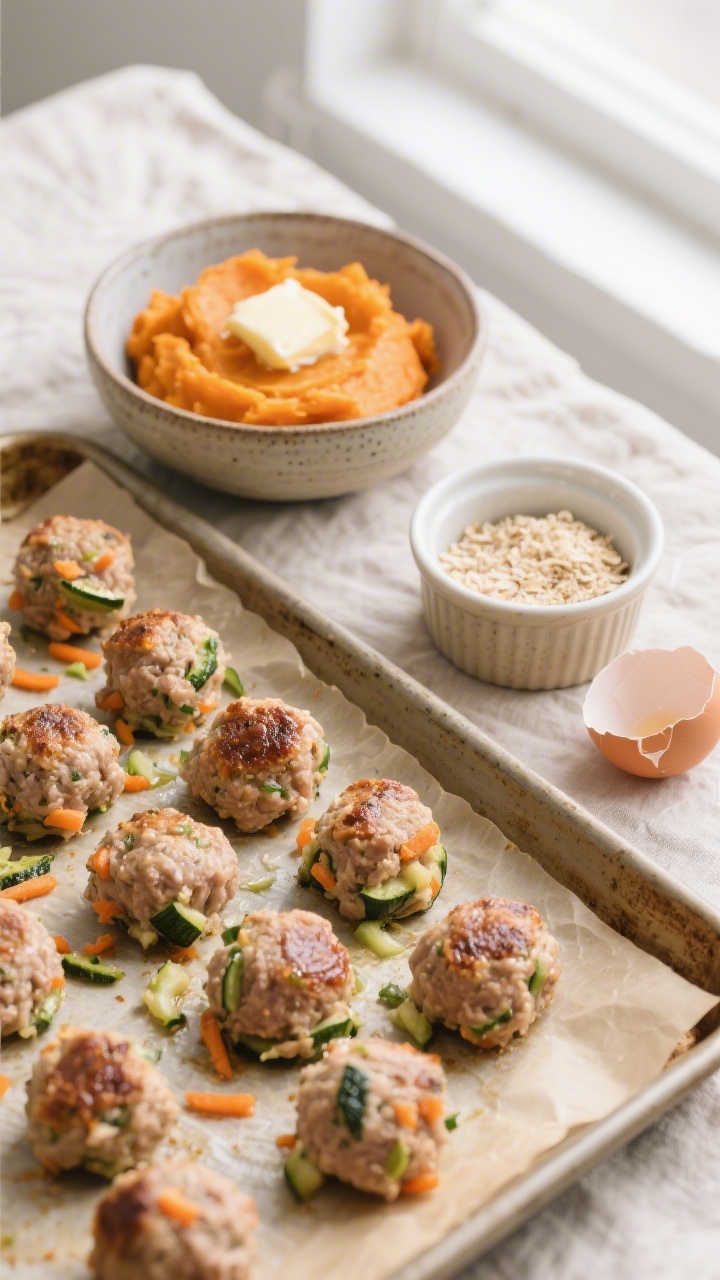 Overhead shot of cozy turkey veggie mini meatballs freshly baked on a parchment-lined sheet pan, showing visible flecks of grated zucchini and carrot in the lean ground turkey, lightly browned and glistening. Next to them, a rustic bowl of vibrant orange sweet potato smash with a pat of melting butter, a sprinkle of fine breadcrumbs/oat flour in a ramekin, and a cracked egg shell nearby. Neutral ceramic props on a light linen, soft natural window light for a warm, homestyle toddler-friendly mood.
